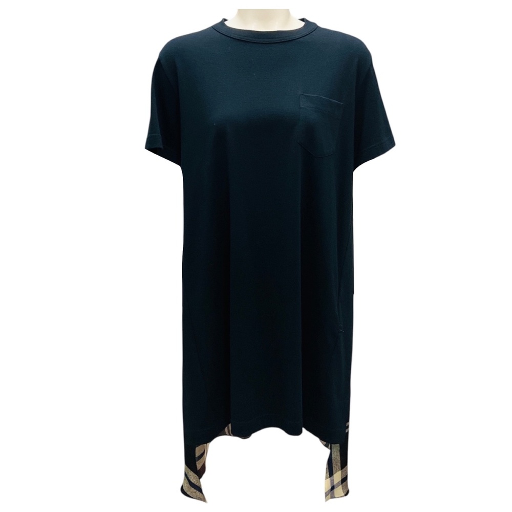 SACAI NAVY MULTI COTTON JERSEY AND PLAID SATIN DRESS